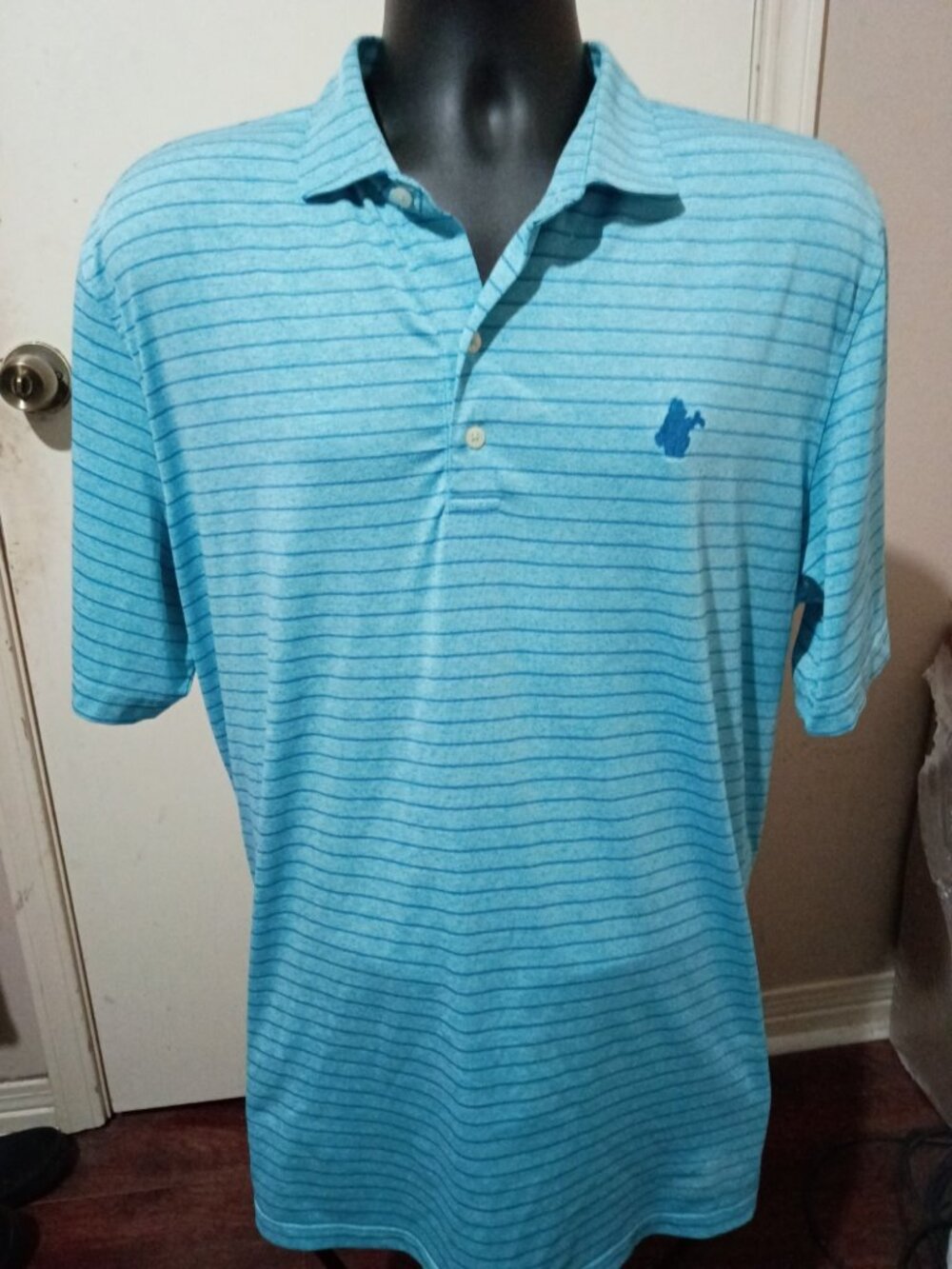 Johnnie-O Polo Shirt Mens XL Blue Striped Performance Stretch Short Sleeve Logo